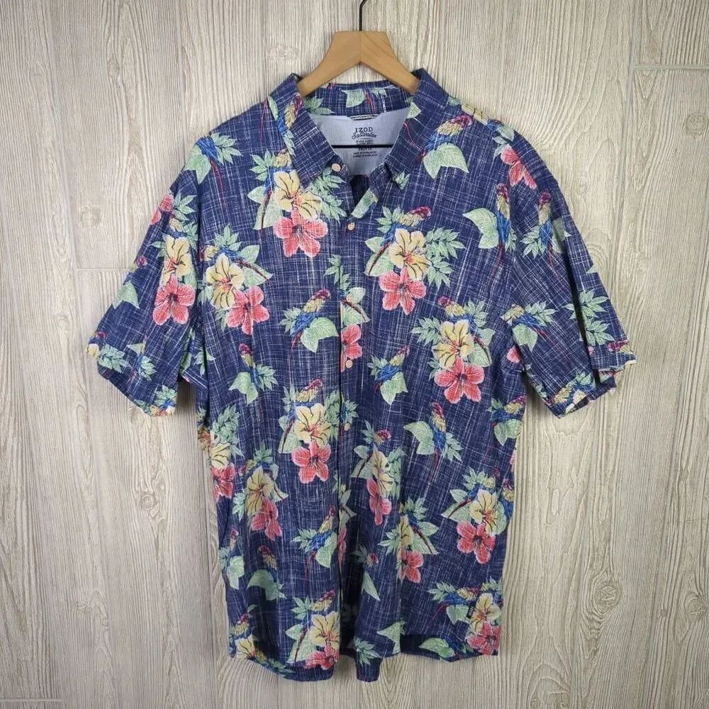 Izod Saltwater Men’s 2XL XXL Blue Floral Hawaiian Button Down Camp Shirt